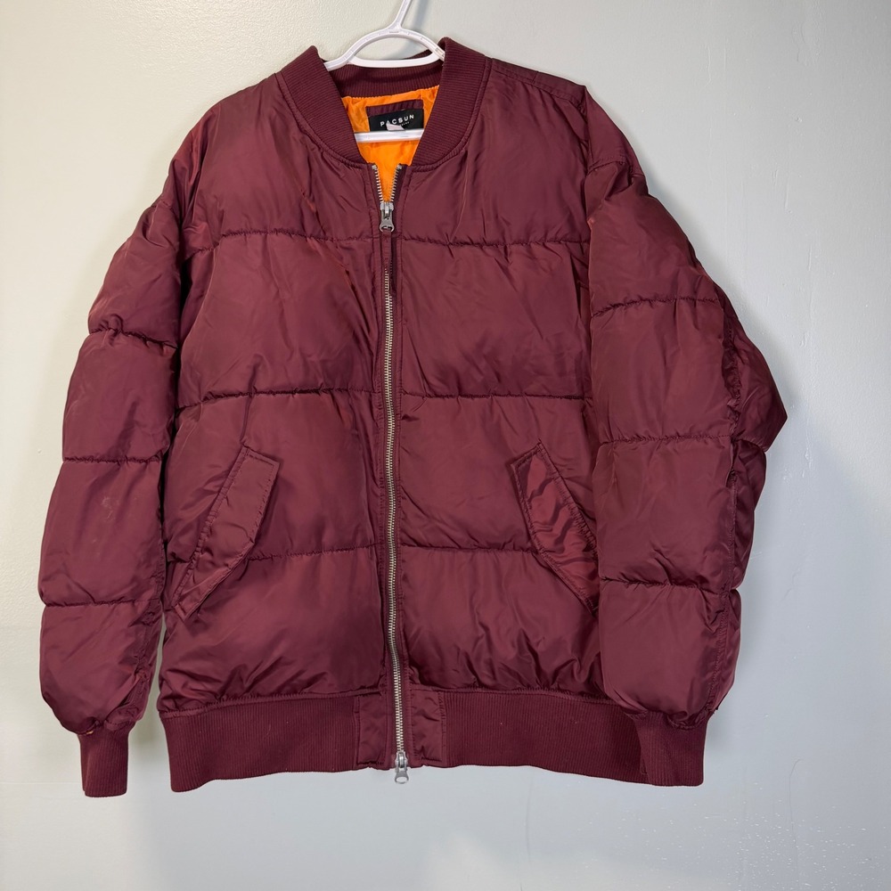 PacSun Mens XL Burgundy Maroon Bubble Puffer Bomber Jacket Orange Lining